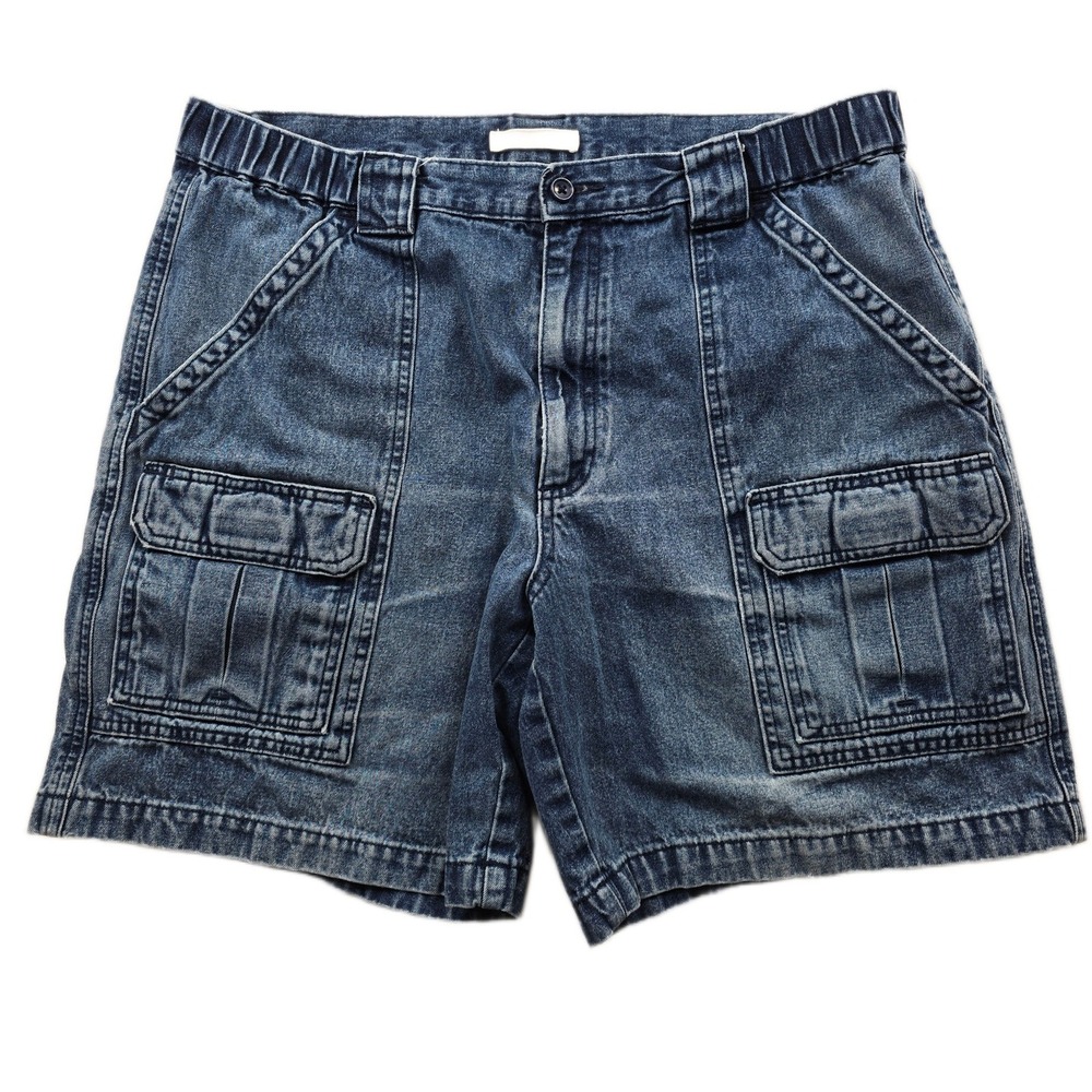Savane Denim‎ Cargo Shorts Mens 34 Blue Acid Wash Jean Elastic Waist Utility
